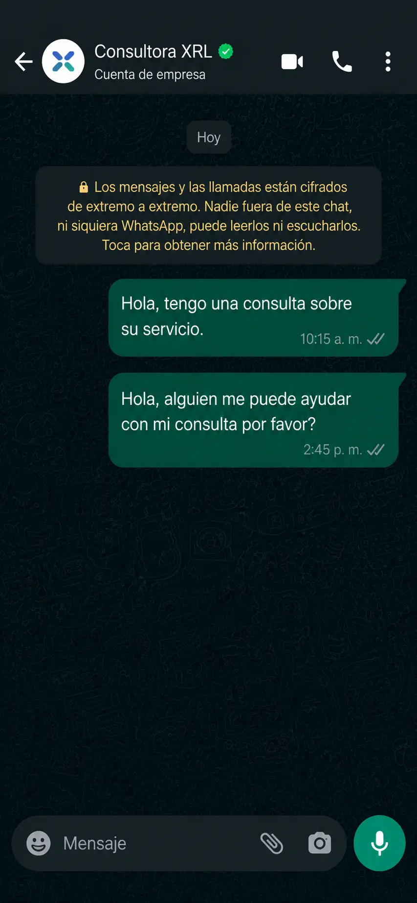Ejemplo de un mensaje de WhatsApp Business respondido automáticamente por un asistente de IA